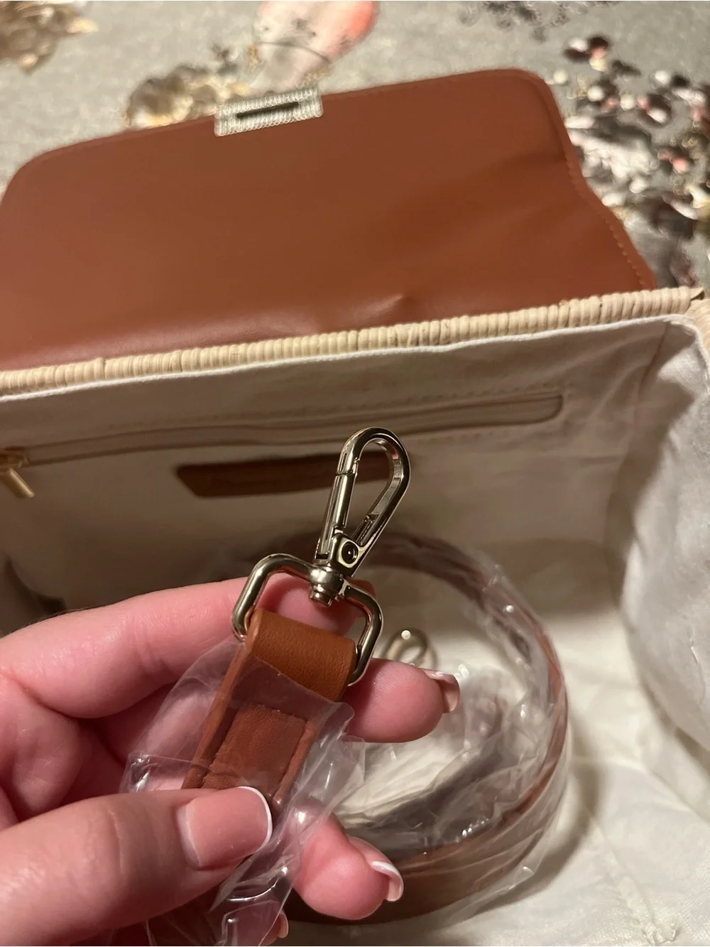 Tommy Bahama Tan Leather & Wicker Top-Handle Bag